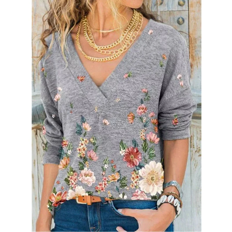 FashionSierra - V-neck Flower Print Long-sleeved T-shirt - Image 9