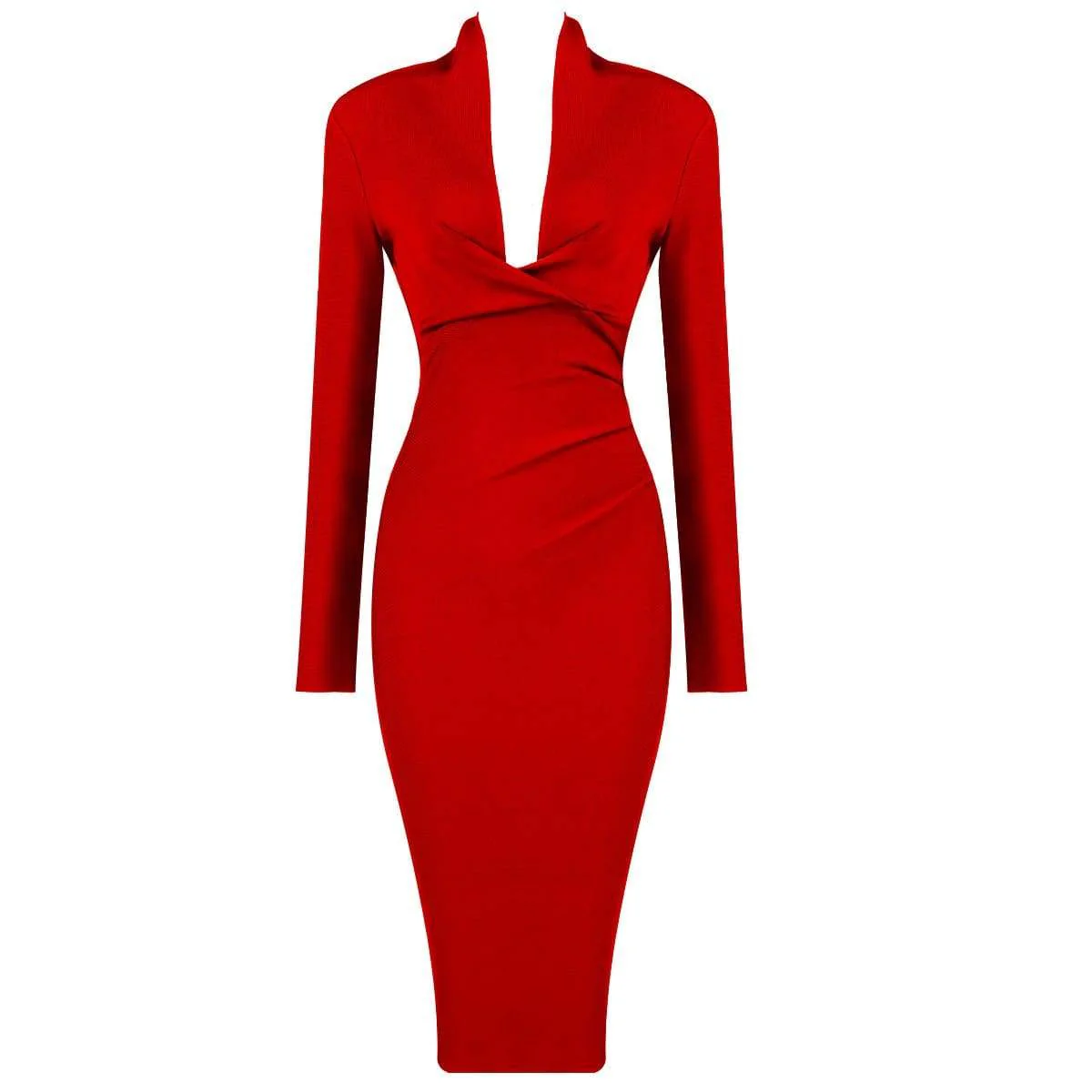 FashionSierra - Solid Color Dress Long Sleeve Large V-neck Bandage Dress - Image 5