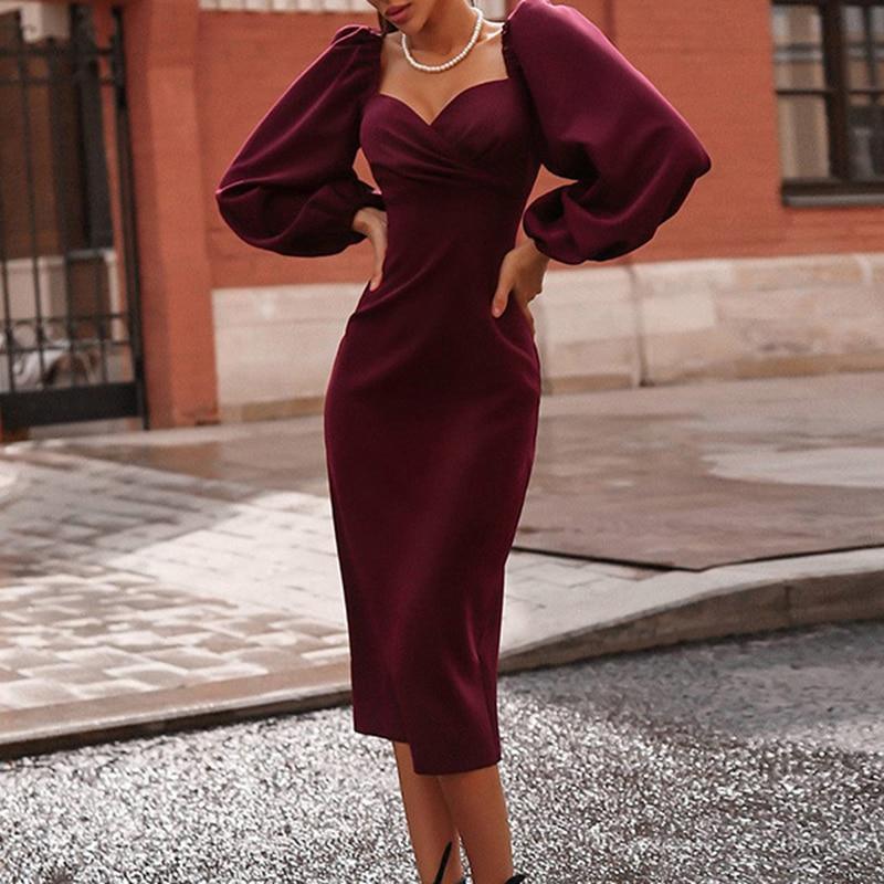 FashionSierra - Solid Puff Sleeve Midi Dress Women Strapless Long Sleeve Dress - Image 3
