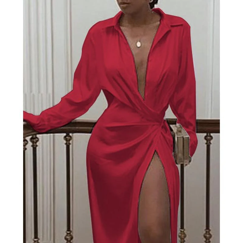 FashionSierra - Solid twisted design shirt dress - Image 3