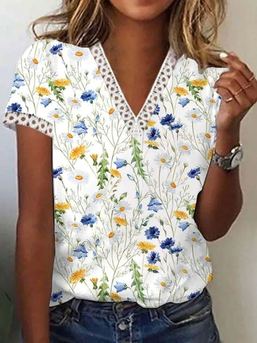 FashionSierra - Flower Print Casual Loose Short Sleeves T-Shirts - Image 5