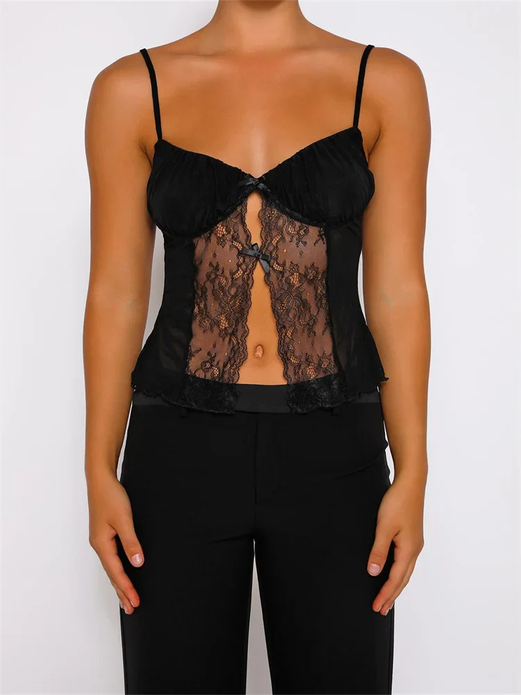 FashionSierra - 2025 Tank Top Spaghetti Strap Camisoles Sleeveless V-Neck Lace Patchwork Front Split Vest Summer Y2K Streetwear Crop Tops - Image 3