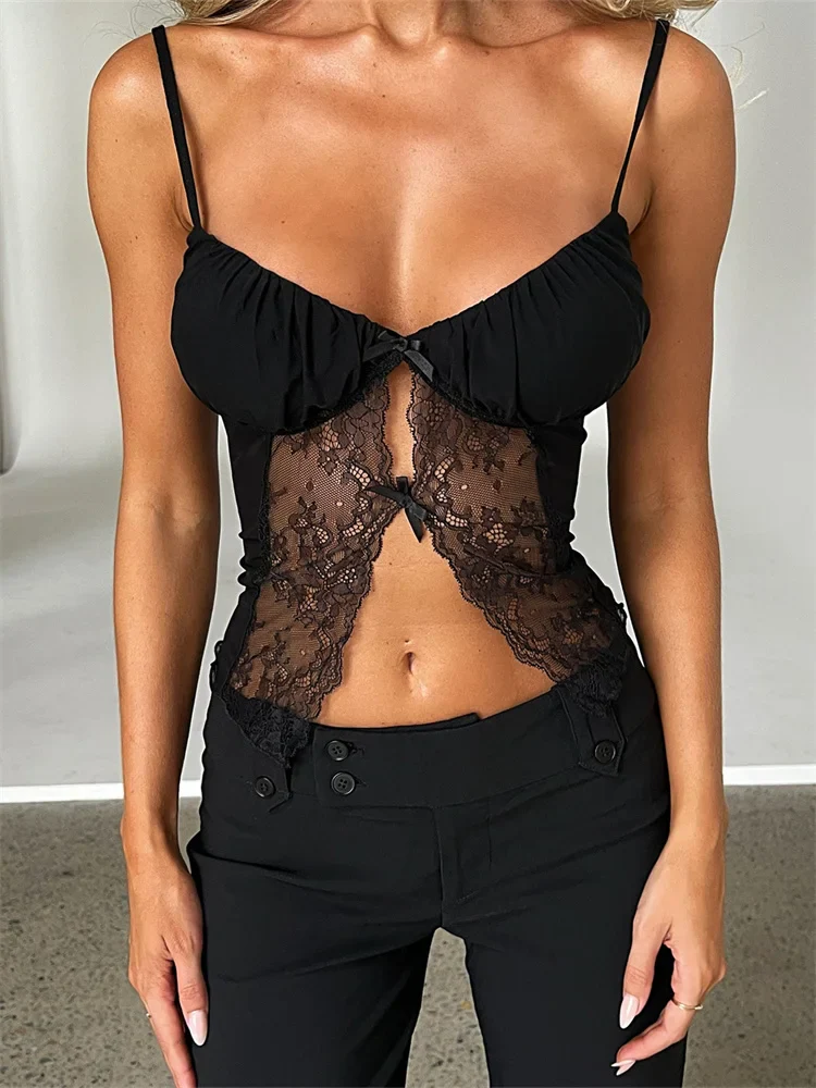 FashionSierra - 2025 Tank Top Spaghetti Strap Camisoles Sleeveless V-Neck Lace Patchwork Front Split Vest Summer Y2K Streetwear Crop Tops - Image 6