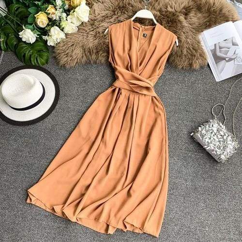 FashionSierra - V-Neck Sleeveless Dresses French Chic Cross Drawstring Slim Waist - Image 11