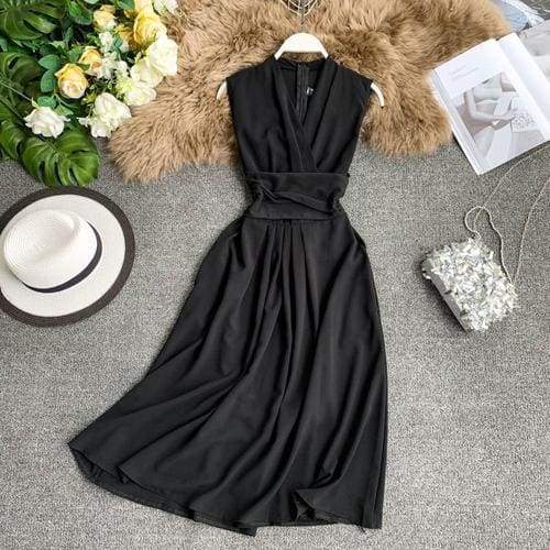 FashionSierra - V-Neck Sleeveless Dresses French Chic Cross Drawstring Slim Waist - Image 12