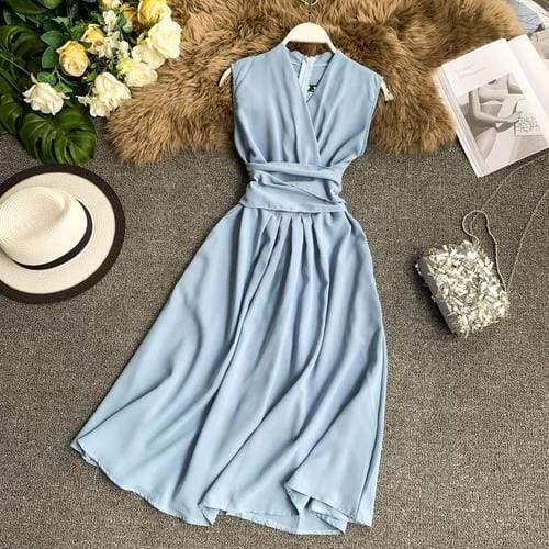 FashionSierra - V-Neck Sleeveless Dresses French Chic Cross Drawstring Slim Waist - Image 13