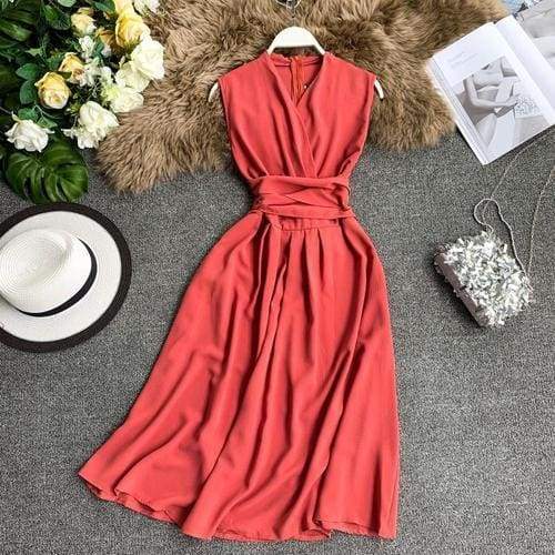 FashionSierra - V-Neck Sleeveless Dresses French Chic Cross Drawstring Slim Waist - Image 14