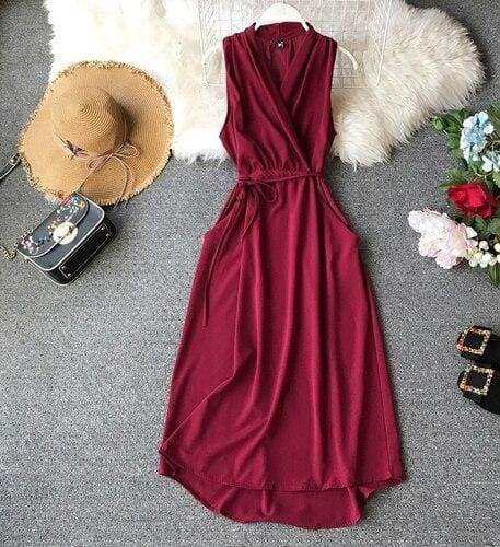 FashionSierra - V-Neck Sleeveless Dresses French Chic Cross Drawstring Slim Waist - Image 16