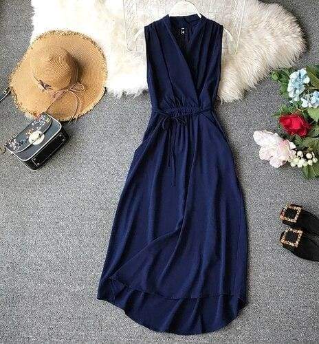 FashionSierra - V-Neck Sleeveless Dresses French Chic Cross Drawstring Slim Waist - Image 17