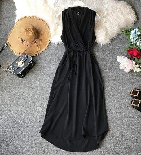 FashionSierra - V-Neck Sleeveless Dresses French Chic Cross Drawstring Slim Waist - Image 18