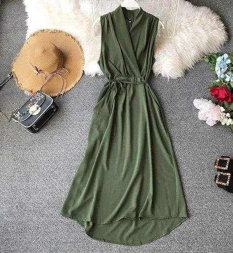 FashionSierra - V-Neck Sleeveless Dresses French Chic Cross Drawstring Slim Waist - Image 19