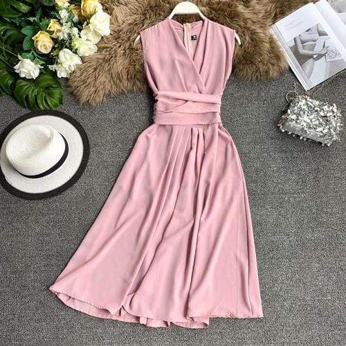 FashionSierra - V-Neck Sleeveless Dresses French Chic Cross Drawstring Slim Waist - Image 20