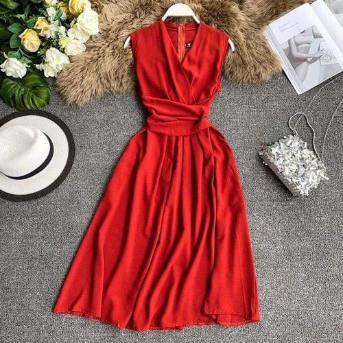 FashionSierra - V-Neck Sleeveless Dresses French Chic Cross Drawstring Slim Waist - Image 21
