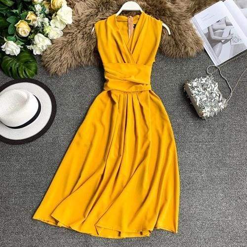 FashionSierra - V-Neck Sleeveless Dresses French Chic Cross Drawstring Slim Waist - Image 22