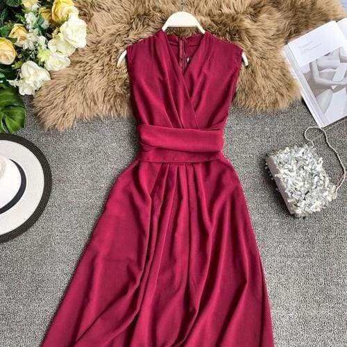 FashionSierra - V-Neck Sleeveless Dresses French Chic Cross Drawstring Slim Waist - Image 23