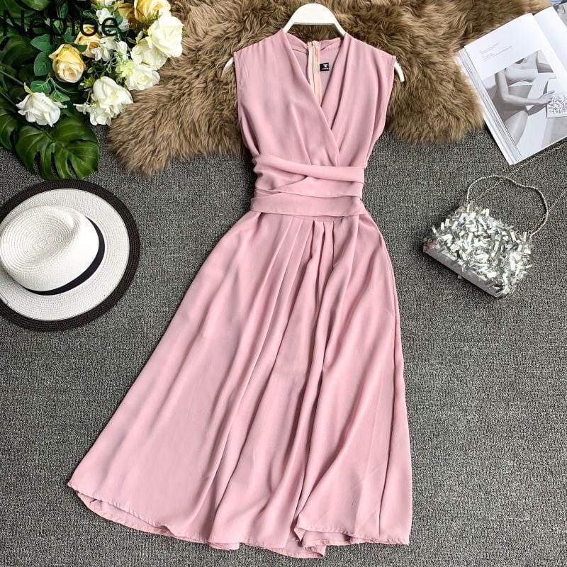 FashionSierra - V-Neck Sleeveless Dresses French Chic Cross Drawstring Slim Waist - Image 3