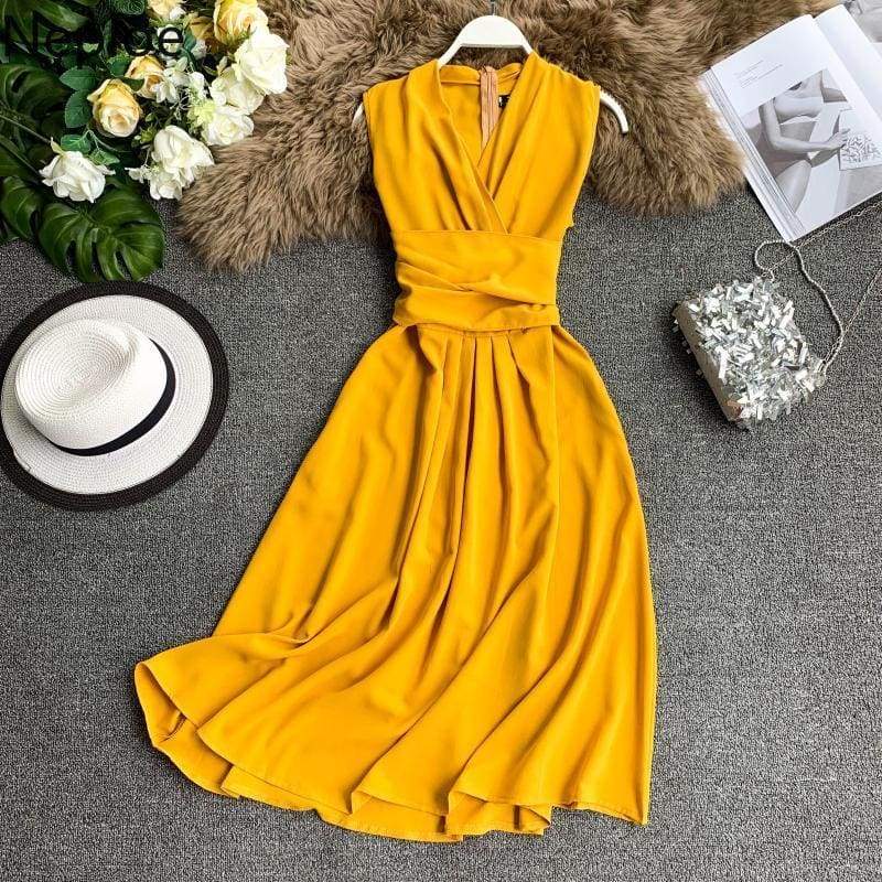 FashionSierra - V-Neck Sleeveless Dresses French Chic Cross Drawstring Slim Waist - Image 4