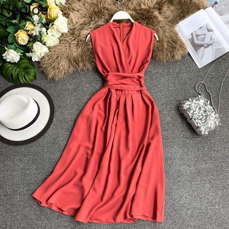 FashionSierra - V-Neck Sleeveless Dresses French Chic Cross Drawstring Slim Waist - Image 5
