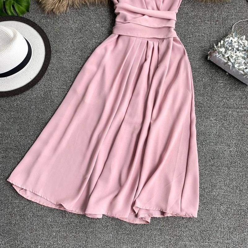 FashionSierra - V-Neck Sleeveless Dresses French Chic Cross Drawstring Slim Waist - Image 9
