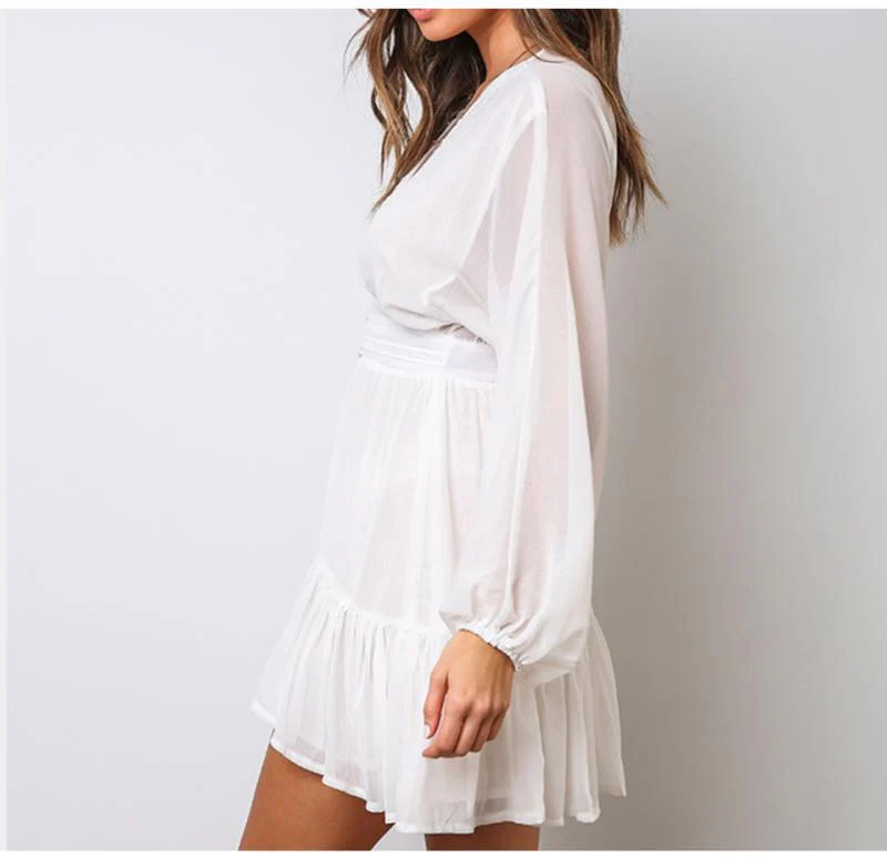 FashionSierra - V Neck Women's Spring Summer Dress Lace Long Sleeve Mini Party Dress - Image 12