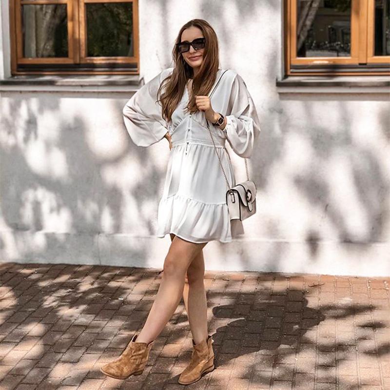 FashionSierra - V Neck Women's Spring Summer Dress Lace Long Sleeve Mini Party Dress - Image 4