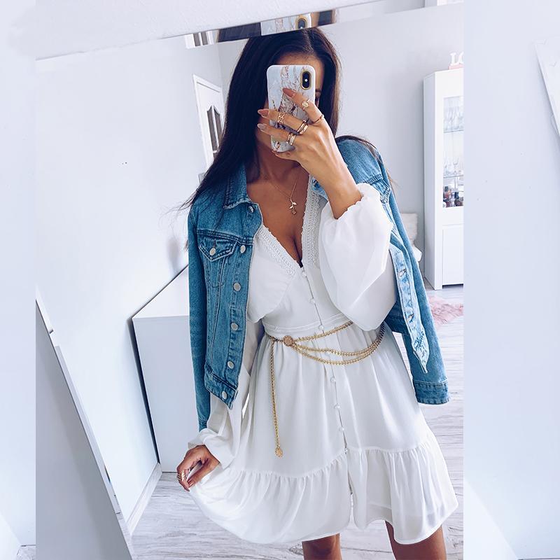 FashionSierra - V Neck Women's Spring Summer Dress Lace Long Sleeve Mini Party Dress - Image 7