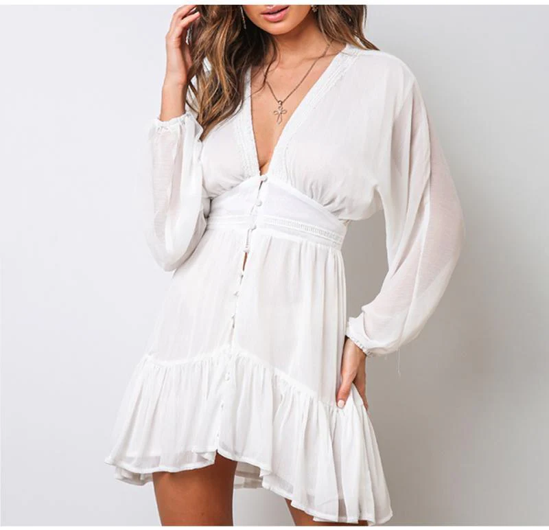 FashionSierra - V Neck Women's Spring Summer Dress Lace Long Sleeve Mini Party Dress - Image 8