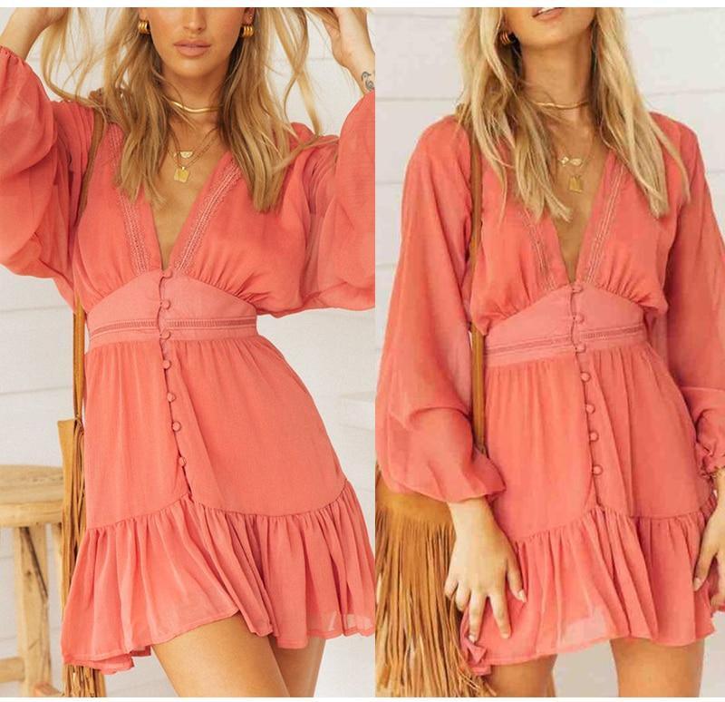 FashionSierra - V Neck Women's Spring Summer Dress Lace Long Sleeve Mini Party Dress - Image 9