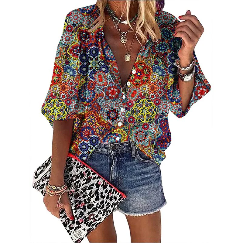 FashionSierra - Vintage Loose Stamens Print Blouses - Image 15