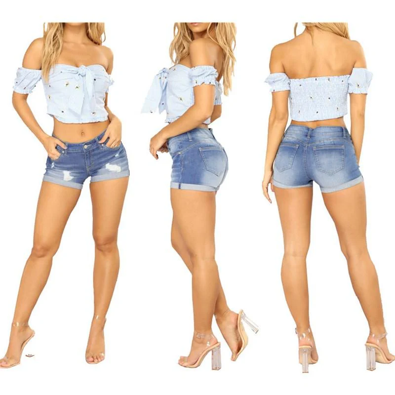 FashionSierra - Woemn's low rise cuffed denim shorts distressed ripped jeans shorts - Image 4