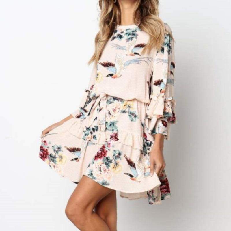 FashionSierra - Women Autumn Spring Elegant Vintage Floral Ruffles Mini Dress Chsinese Printed Casual Dress - Image 3