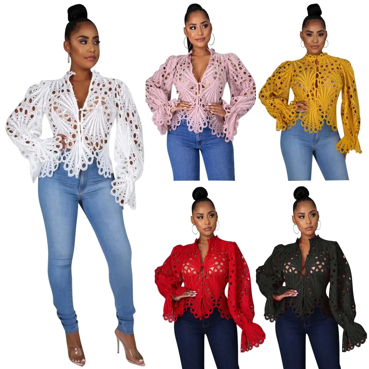 FashionSierra - Elegant Lace See Though Ruffles Lantern Blouse - Image 3