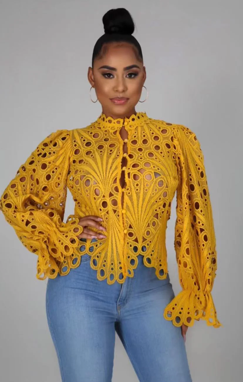 FashionSierra - Elegant Lace See Though Ruffles Lantern Blouse - Image 4