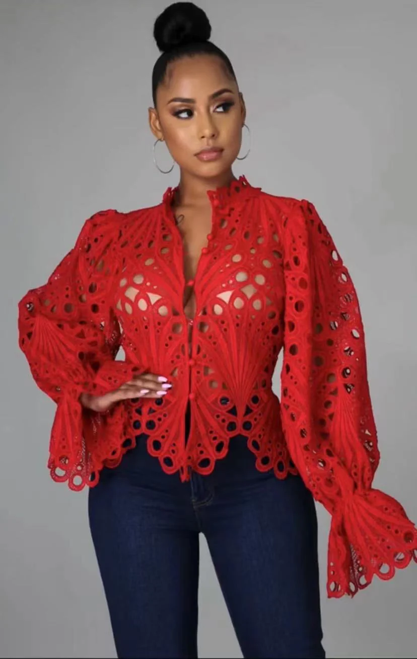 FashionSierra - Elegant Lace See Though Ruffles Lantern Blouse - Image 5