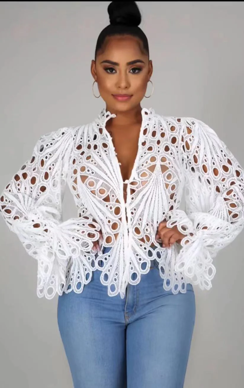 FashionSierra - Elegant Lace See Though Ruffles Lantern Blouse - Image 6