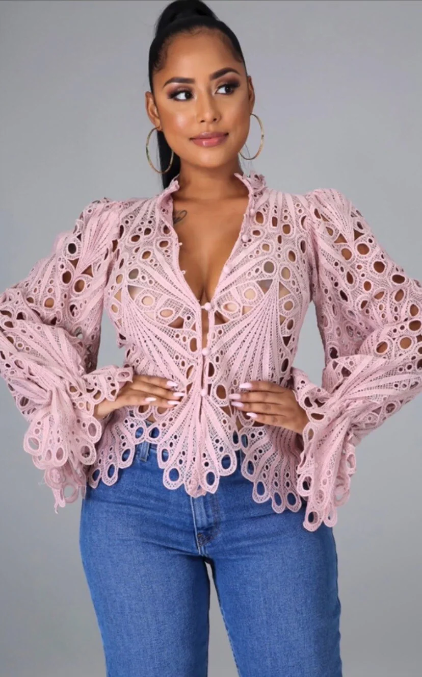 FashionSierra - Elegant Lace See Though Ruffles Lantern Blouse - Image 7