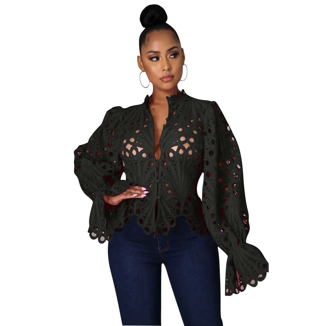 FashionSierra - Elegant Lace See Though Ruffles Lantern Blouse - Image 8
