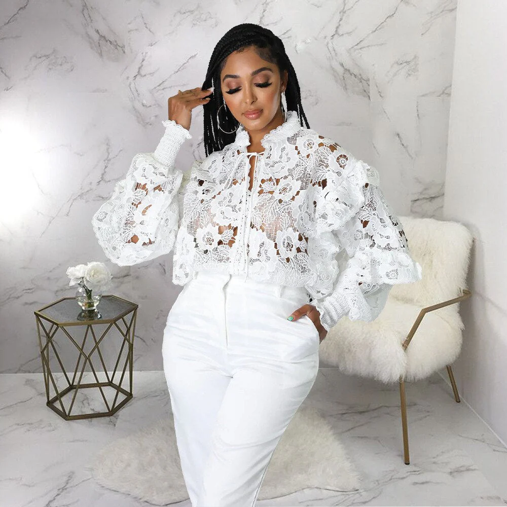 FashionSierra - Elegant Lace See Though Ruffles Lantern Blouse - Image 9