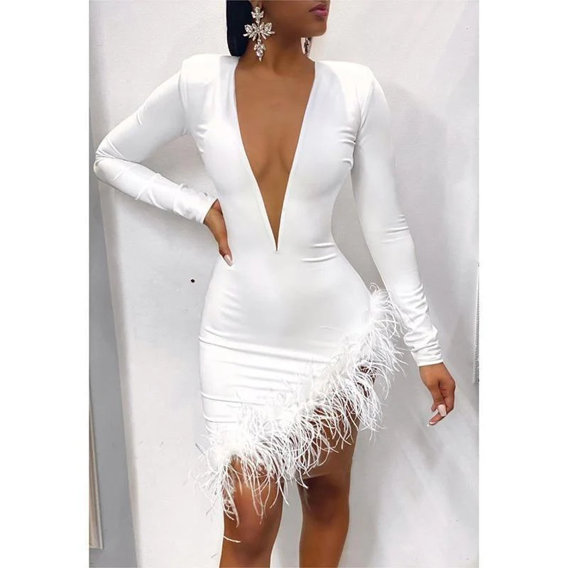 FashionSierra - Women Faxu Feather Long Sleeve Dress - Image 4