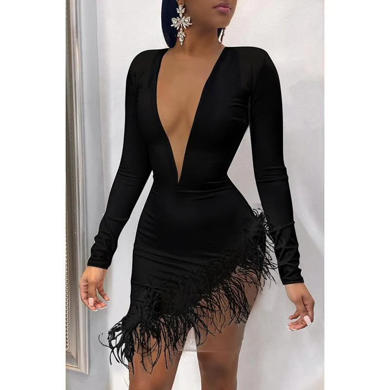 FashionSierra - Women Faxu Feather Long Sleeve Dress - Image 5
