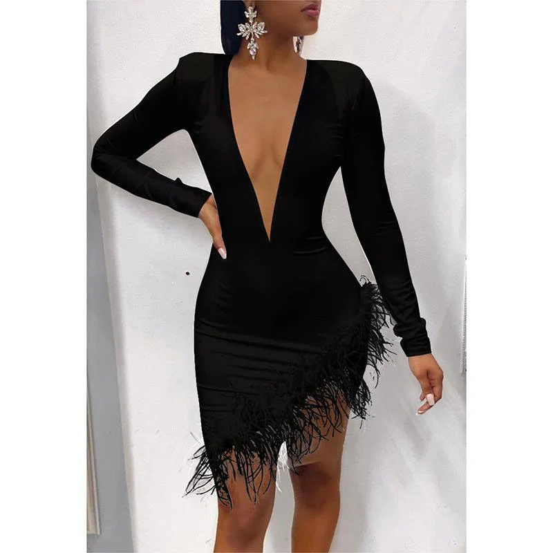 FashionSierra - Women Faxu Feather Long Sleeve Dress - Image 6