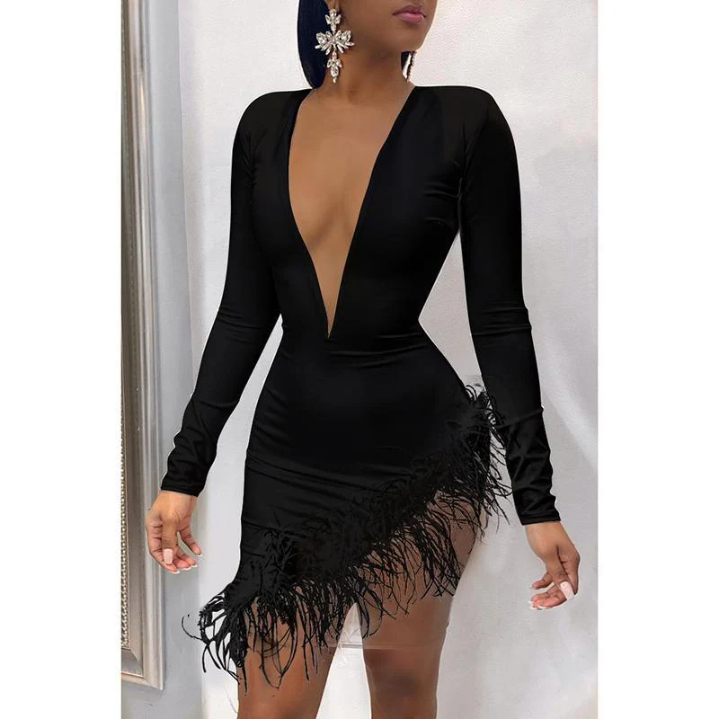 FashionSierra - Women Faxu Feather Long Sleeve Dress - Image 7