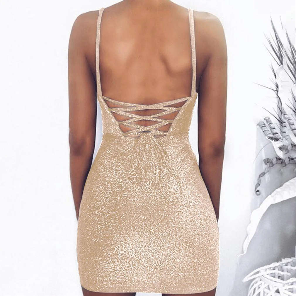 FashionSierra - Women Sleeveless Backless Dress Evening Party Summer Sheath Sequins Bodycon Clubwear Short Mini Dresses Gold Black Pink - Image 5
