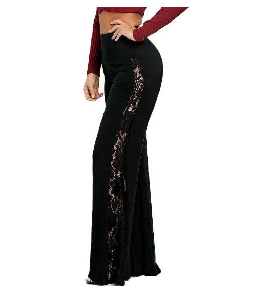 FashionSierra - Women's black side lace patchwork pants wide leg flare pants - Image 3