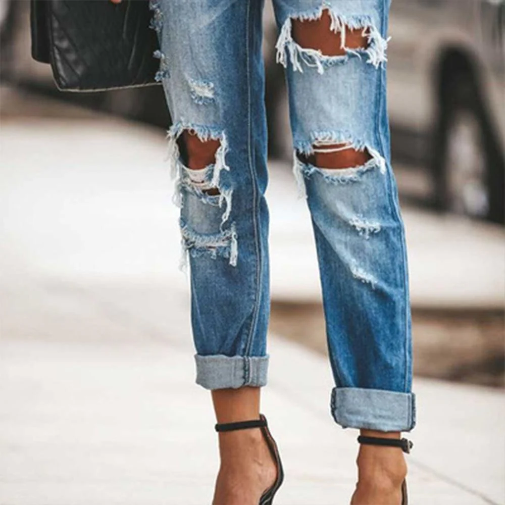 FashionSierra - Women's mid rise sexy straight leg ripped jeans cuffed jeans with holes - Image 5