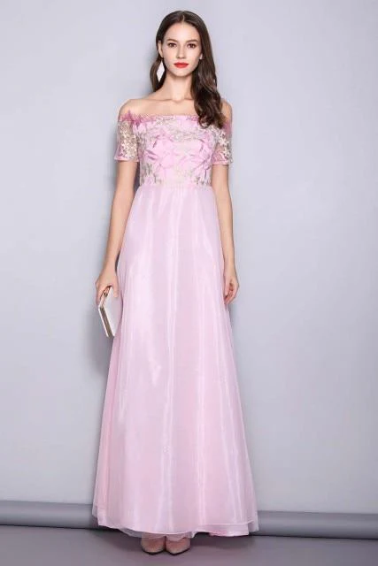 FashionSierra - Women's Runway Designer Dresses Sexy Slash Neck Line Embroidery Bodice Patchwork Fashion Prom Long Party Dresses - Image 8