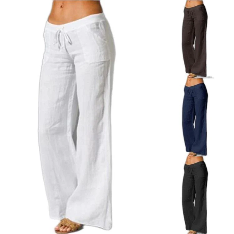 FashionSierra - Women's Summer Linen Wide Leg Yoga Pants Elastic Waist Drawstring Pants - Image 3