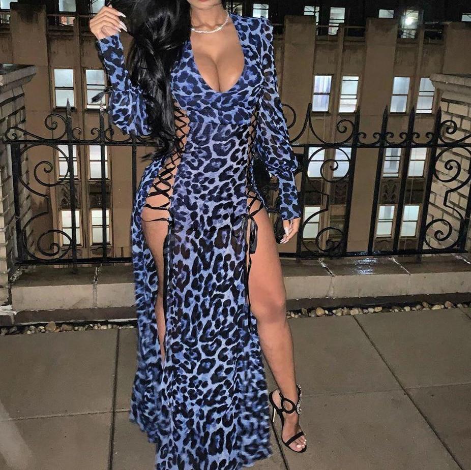 FashionSierra - XXL Leopard Print Bandage Hollow Out Dress Women Long Sleeve V-neck Split High Waits Maxi Dress Party Club Wear Robe Femme - Image 3