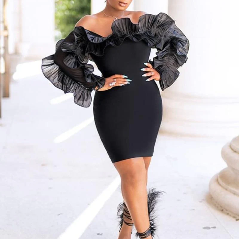 FashionSierra - XXL Ruffles Shoulder Bodycon Dress Women Solif Color Elegant Long Sleeve Party Dress - Image 4