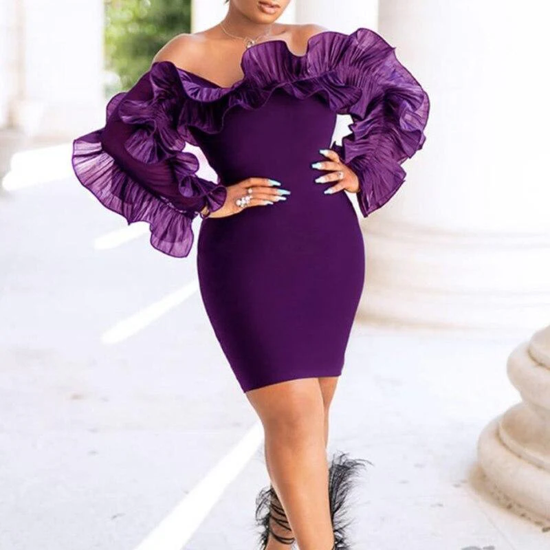 FashionSierra - XXL Ruffles Shoulder Bodycon Dress Women Solif Color Elegant Long Sleeve Party Dress - Image 7